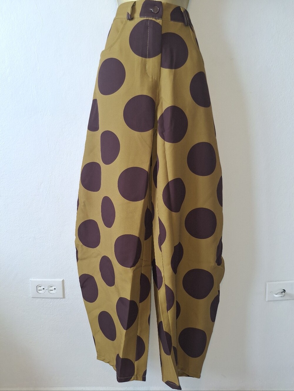 ITOO ITALIAN High-Waist Olive Green Wide-Leg Polka Dot Pants